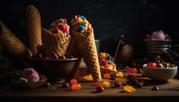 Sweet homemade ice cream in rustic wooden bowl generated by AI photo