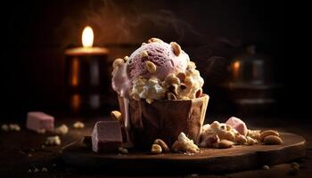 Indulgent homemade chocolate dessert on rustic wood table generated by AI photo