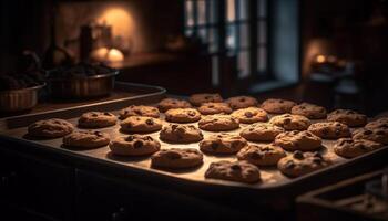 recién horneado chocolate chip galletas en enfriamiento estante generado por ai foto