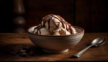 Indulgent ice cream sundae on rustic plate generated by AI photo