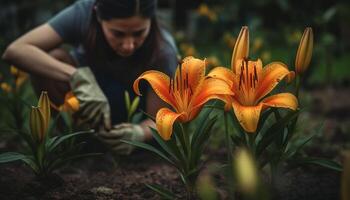 Smiling men and women planting cheerful tulips generated by AI photo