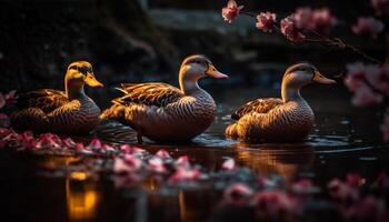 Mallard duck family quacking by pond reflection generated by AI photo