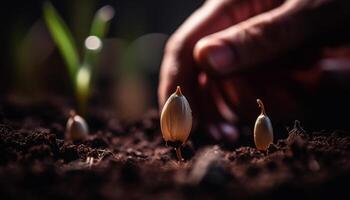 Fresh green seedling grows into beautiful flower head generated by AI photo