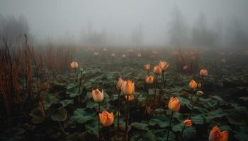 Vibrant wildflowers bloom in tranquil meadow pond generated by AI photo