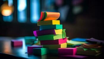 Childhood imagination illuminated by colorful bookshelf stack generated by AI photo