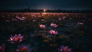 Tranquil lotus pond reflects beauty in nature generated by AI photo