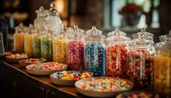 A large bowl of fresh fruit, candy, and sweet souvenirs decorate the table in abundance generated by AI photo