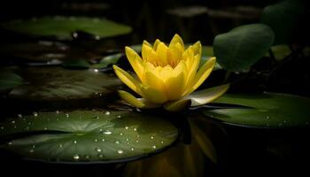 Single lotus flower floating on tranquil pond generated by AI photo