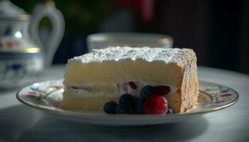 un hecho en casa baya tarta de queso rebanada en un plato generado por ai foto