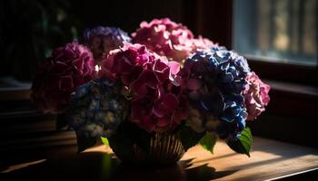 romántico ramo de flores de hortensias en de madera mesa generado por ai foto