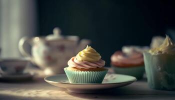 Homemade cupcakes with chocolate icing and coffee generated by AI photo