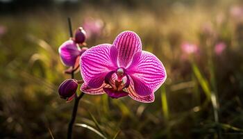 Vibrant moth orchid blossoms in tranquil meadow generated by AI photo