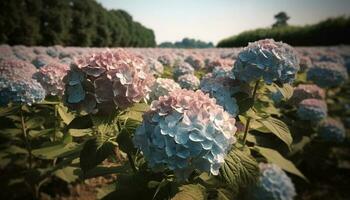 Hydrangea blossom, pink and purple beauty in nature generated by AI photo