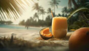 Refreshing cocktail on sandy beach, tropical paradise generated by AI photo