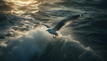 A seagull soars in mid air, spreading wings generated by AI photo