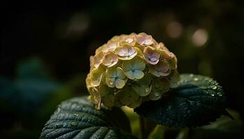 Fresh hydrangea blossom with dew drop beauty generated by AI photo