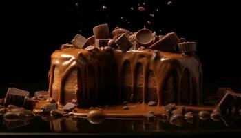 Indulgent dark chocolate cake slice, homemade and decadent generated by AI photo