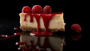 A gourmet slice of raspberry cheesecake indulgence generated by AI photo