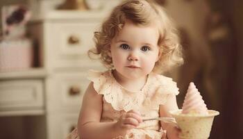 Cute baby girl enjoying sweet chocolate dessert generated by AI photo