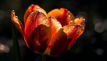 Vibrant tulip blossom, wet with dew drops generated by AI photo