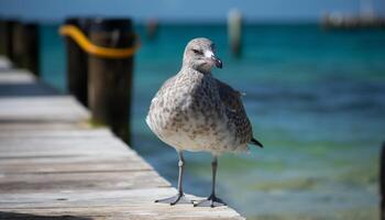 A seagull stands on jetty, watching waves generated by AI photo