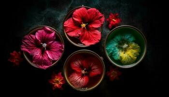 Organic flower petals in wooden bowl, aromatherapy candle generated by AI photo