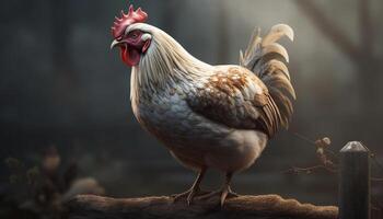 Free range rooster stands proud in grassy meadow generated by AI photo