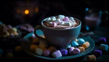 A gourmet hot chocolate with marshmallows, indulgence generated by AI photo