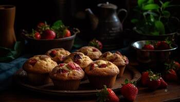 Freshly baked muffins and berry cupcakes temptingly displayed generated by AI photo