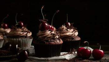 Indulgent chocolate cupcakes with fresh berry decoration generated by AI photo