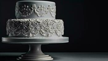 Elegant wedding cake, adorned with chocolate flowers generated by AI photo