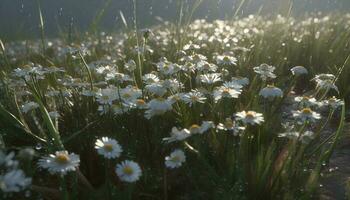 Chamomile blossoms in vibrant summer meadow landscape generated by AI photo