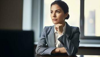 Confident young businesswoman sitting in modern office generated by AI photo