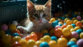 Playful kitten stares at birthday ball decoration generated by AI photo