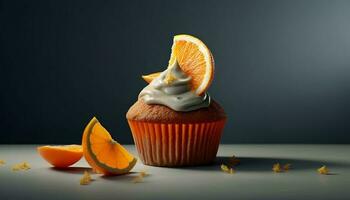 Cute pumpkin muffin with orange icing decoration generated by AI photo