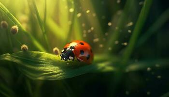 Spotted ladybug on wet blade of grass generated by AI photo