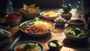 un gastrónomo taco comida en rústico madera generado por ai foto