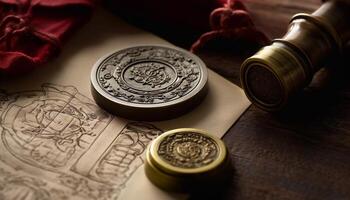 Antique coin on table  Wealth, law, success generated by AI photo