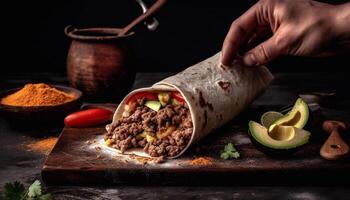 Grilled beef taco on homemade flatbread, garnished with fresh cilantro and tomato generated by AI photo