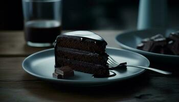 Dark chocolate brownie slice on wooden plate generated by AI photo