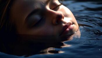 un hermosa mujer sonrisas en sereno piscina reflexión generado por ai foto