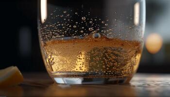 refrescante líquido gotas en un brillante vaso generado por ai foto