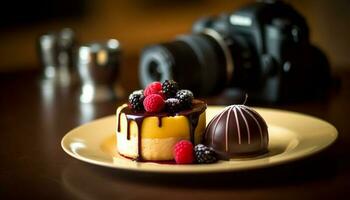 Indulgent chocolate dessert on wooden table photographed beautifully generated by AI photo