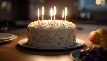 Birthday cake ablaze with candles, sweet indulgence generated by AI photo