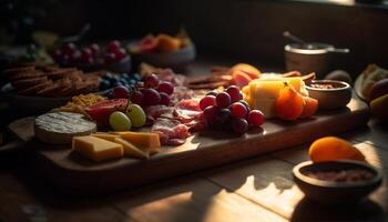 Fresh gourmet appetizer plate fruit, meat, bread generated by AI photo