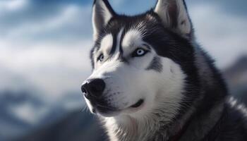 Fluffy sled dog sits in snow, loyal generated by AI photo