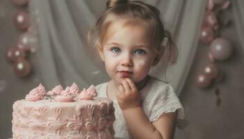 Cute baby girl enjoys birthday cake celebration generated by AI photo