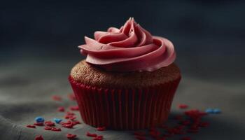 Cute pink cupcakes with chocolate icing decoration generated by AI photo