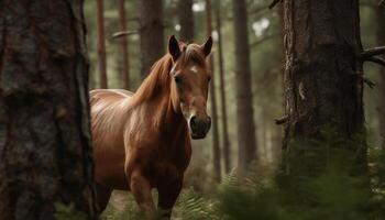 Majestic stallion grazes in tranquil meadow, autumn generated by AI photo