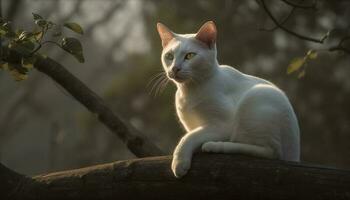 Cute kitten sitting in tree, whiskers alert generated by AI photo